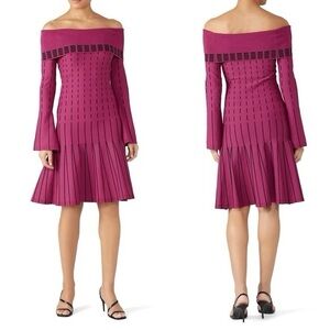 Prabal Gurung Dress Womens 0 Magenta Off the Shoulder Dotted Fit and Flare Knit